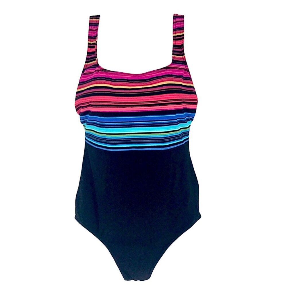 Vtg Danskin One Piece Swimsuit Swim Wear Striped Blue Blaze Square Neck L 12/14